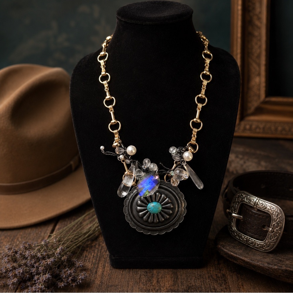 RUBYRUDI Artisan Western Necklace OOAKGold-Link Concho Belt Buckle Up Cycled - Picture 5 of 13